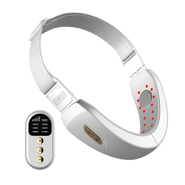 Appareil de massage lifting du visage de couleur blanc et gris avec une télécommande.