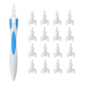 Dispositif de nettoyage des oreilles avec une tige blanche et bleue et des embouts à droite. Sur fond blanc.