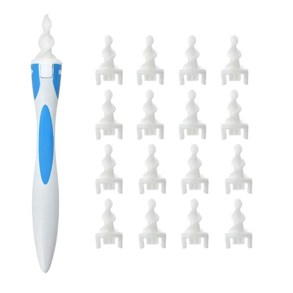 Dispositif de nettoyage des oreilles avec une tige blanche et bleue et des embouts à droite. Sur fond blanc.