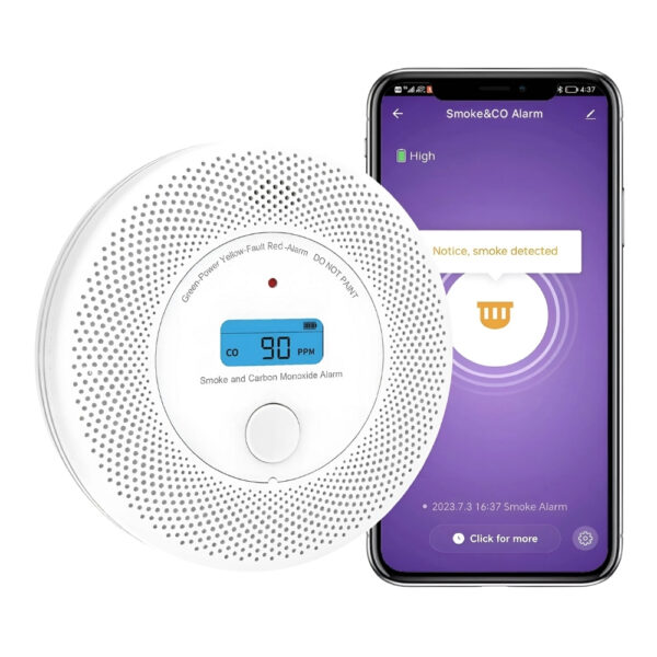 Détecteur de fumée connecté multifonction de forme ronde avec un téléphone à droite.