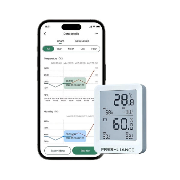 Thermomètre connecté avec fixation aimantée et des indications de température et d'humidité sur l'écran. Un téléphone sur la gauche.