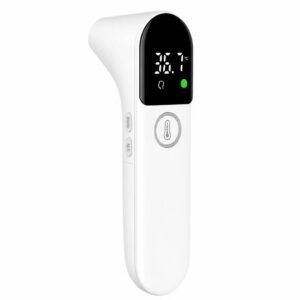 Un Thermomètre auriculaire C° et °F blanc avec écran affichant 36,7 °C et bouton central.